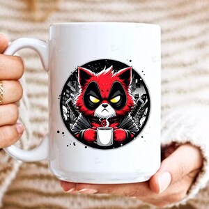 PNG, Grumpy Cat but Deadpool clipart, hero feline, comic book kitty, superhero pet design, Red cute cat cosplay, City skyline print, sublimation art , Tshirt designs, Mug Design, Wall Art, Stickers, Transparent background, card designs, gift
