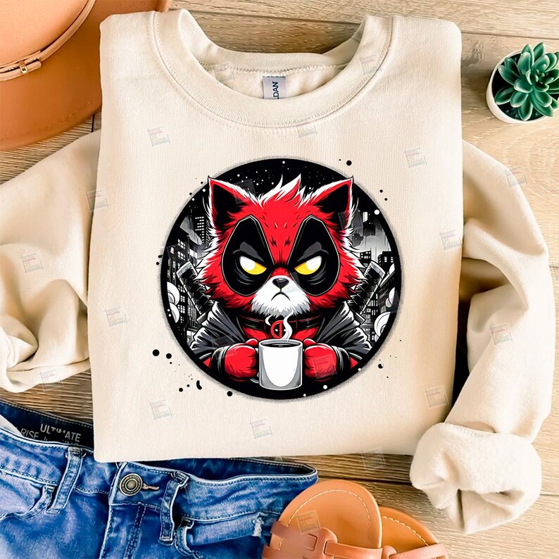 PNG, Grumpy Cat but Deadpool clipart, hero feline, comic book kitty, superhero pet design, Red cute cat cosplay, City skyline print, sublimation art , Tshirt designs, Mug Design, Wall Art, Stickers, Transparent background, card designs, gift