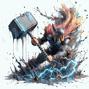 PNG Thor Hammer Clipart Mjolnir Mitologia norrena Mcu Supereroi Splash File di progettazione digitale per sublimazione Tshirt Tazza Tumbler Wall Art