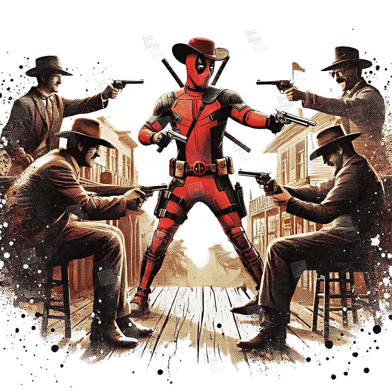 PNG, Deadpool Vintage Western Cowboy clipart, Splash and Watercolor Digital Poster design sublimation, High Resolution, Instant  Superhero Party decoration, Tshirt designs, Stickers,  Clipart, Transparent background, card making designs, gift ideas.