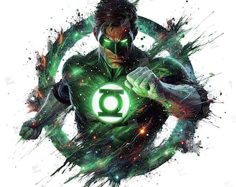 May include: Green Lantern superhero with a green glowing symbol on his chest, surrounded by a green and black abstract background.