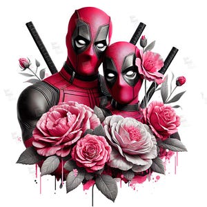PNG, Deadpool couple clipart,  antihero floral design, Marvel gothic, superhero romance, pink rose print, sublimation art, merc with a mouth feminine art, Instant Digital,Tshirt designs, Mug Design, Wall Art, Stickers,  Clipart, card making designs,