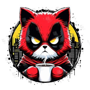 May include: A red and black cartoon cat wearing a red and black mask, holding a white coffee mug with steam coming out of it. The cat is in front of a yellow and black cityscape.