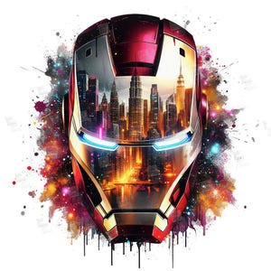 Könnte beinhalten: Ein roter, goldener und silberner Iron-Man-Helm mit einer Stadtlandschaft, die sich in der Visier spiegelt. Der Helm ist von einem farbenfrohen Aquarellhintergrund umgeben.