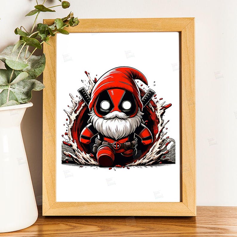 PNG Deadpool gnome design Superhero gnome art Marvel dwarf comic book style autumn gnome cosplay fall foliage print sublimation art Tshirt Mug Design Wall Art Stickers Tumbler Clipart Halloween Christmas New year card making designs gift ideas