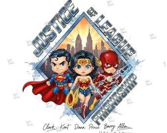 PNG Justice Heroes Chibi Clipart Trinity Friendship League Metallic Gold Text for sublimation Art Shirt Sticker Mug Tumbler Phone Cover Gift