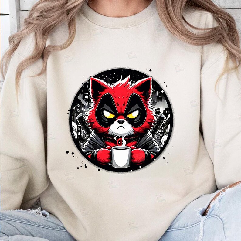 PNG, Grumpy Cat but Deadpool clipart, hero feline, comic book kitty, superhero pet design, Red cute cat cosplay, City skyline print, sublimation art , Tshirt designs, Mug Design, Wall Art, Stickers, Transparent background, card designs, gift