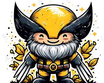 PNG Gnome in Wolverine Costume Clipart Comic Book Style autumn gnome cosplay for sublimation art Tshirt Mug Wall Art Tumbler Poster Design