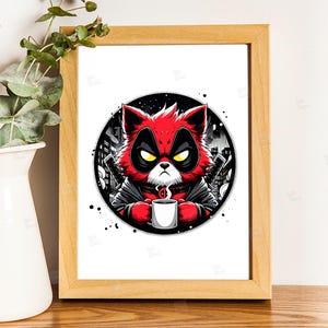 PNG, Grumpy Cat but Deadpool clipart, hero feline, comic book kitty, superhero pet design, Red cute cat cosplay, City skyline print, sublimation art , Tshirt designs, Mug Design, Wall Art, Stickers, Transparent background, card designs, gift