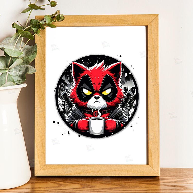 PNG, Grumpy Cat but Deadpool clipart, hero feline, comic book kitty, superhero pet design, Red cute cat cosplay, City skyline print, sublimation art , Tshirt designs, Mug Design, Wall Art, Stickers, Transparent background, card designs, gift