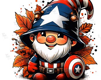 PNG Captain Gnomerica Clipart Superhero dwarf Comic book style Autumn gnome sublimation Art Tshirt Mug Wall Art Tumbler Sticker Gift Design