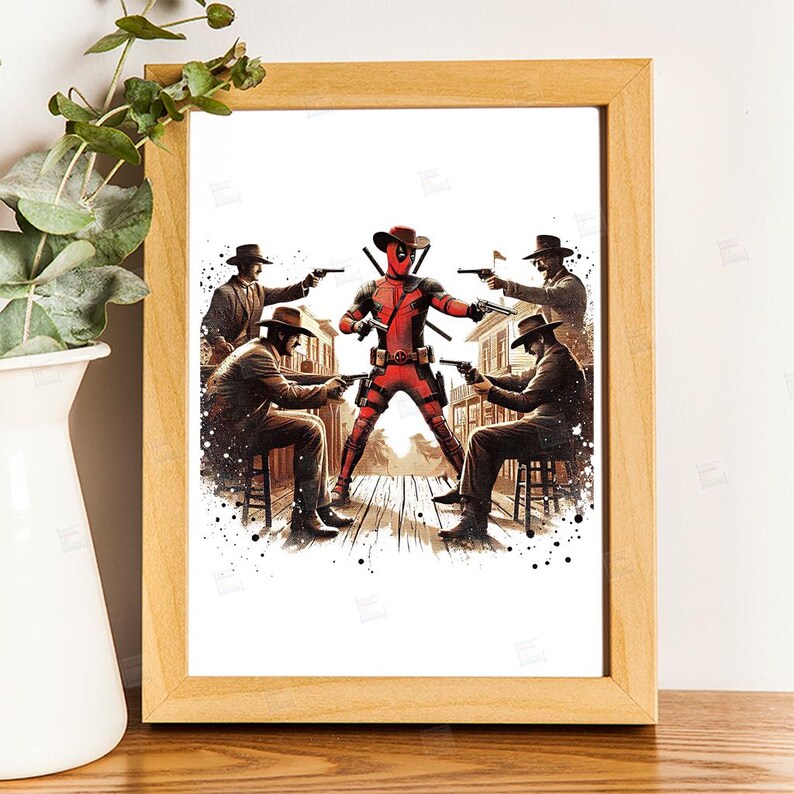PNG, Deadpool Vintage Western Cowboy clipart, Splash and Watercolor Digital Poster design sublimation, High Resolution, Instant  Superhero Party decoration, Tshirt designs, Stickers,  Clipart, Transparent background, card making designs, gift ideas.