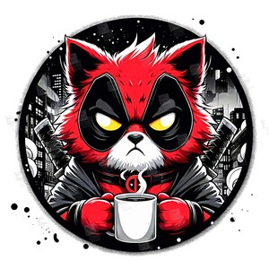 PNG, Grumpy Cat but Deadpool clipart, hero feline, comic book kitty, superhero pet design, Red cute cat cosplay, City skyline print, sublimation art , Tshirt designs, Mug Design, Wall Art, Stickers, Transparent background, card designs, gift