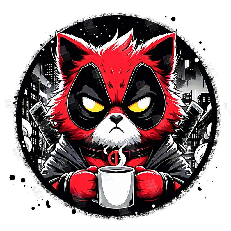 PNG, Grumpy Cat but Deadpool clipart, hero feline, comic book kitty, superhero pet design, Red cute cat cosplay, City skyline print, sublimation art , Tshirt designs, Mug Design, Wall Art, Stickers, Transparent background, card designs, gift