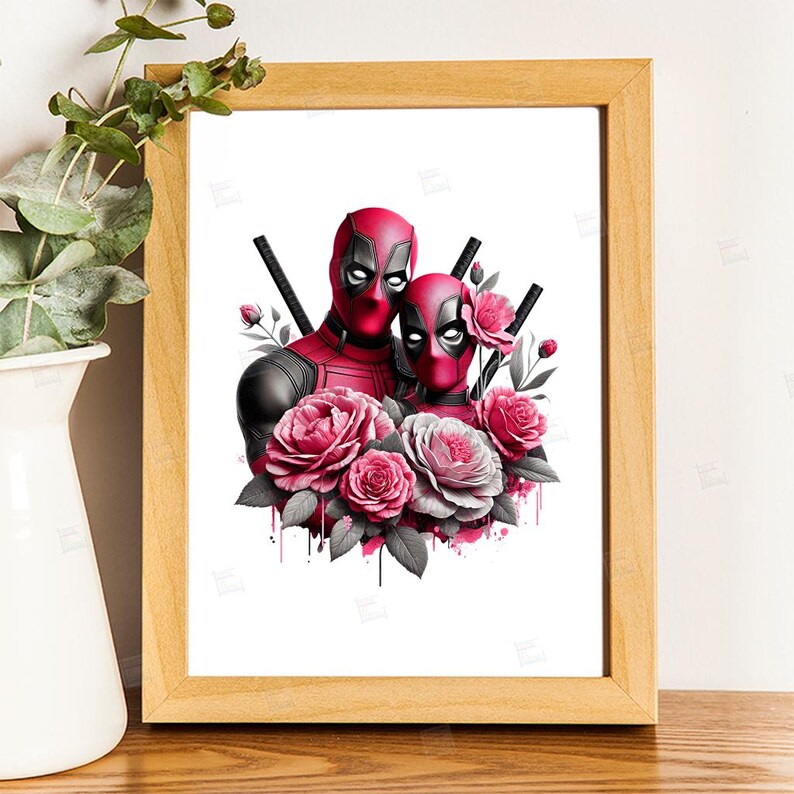 PNG, Deadpool couple clipart,  antihero floral design, Marvel gothic, superhero romance, pink rose print, sublimation art, merc with a mouth feminine art, Instant Digital,Tshirt designs, Mug Design, Wall Art, Stickers,  Clipart, card making designs,