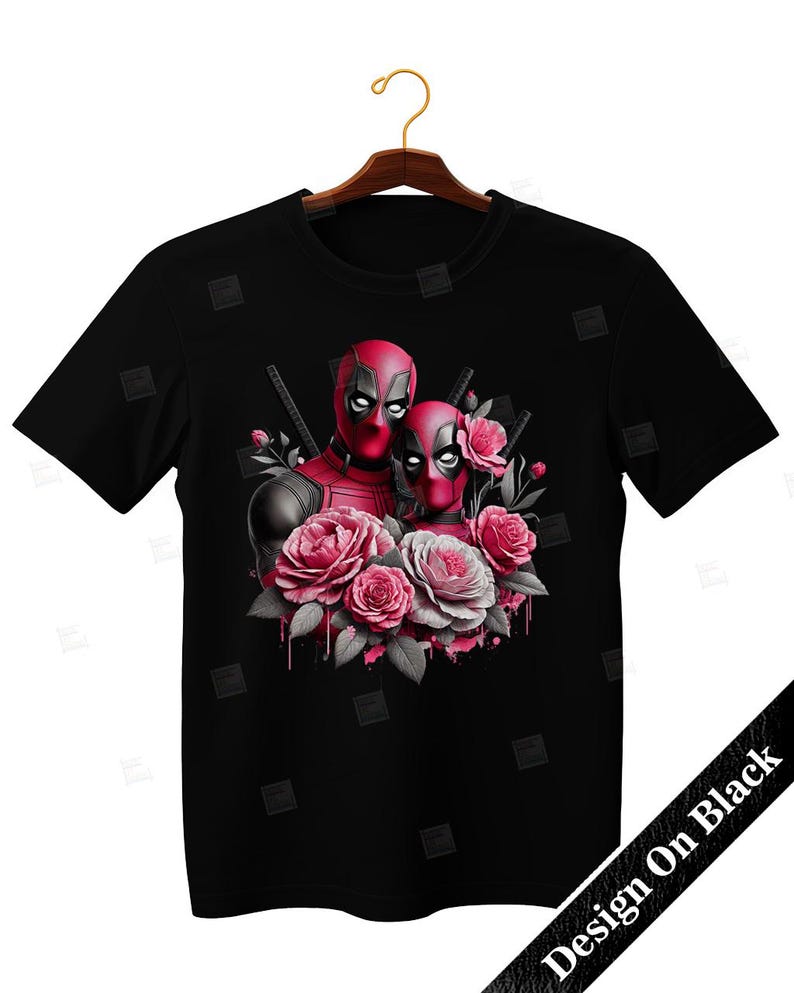 PNG, Deadpool couple clipart,  antihero floral design, Marvel gothic, superhero romance, pink rose print, sublimation art, merc with a mouth feminine art, Instant Digital,Tshirt designs, Mug Design, Wall Art, Stickers,  Clipart, card making designs,