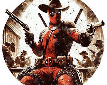 PNG Deadpool Vintage Western Cowboy clipart Splash Diseño de póster digital Archivo PNG para sublimación Camiseta Taza Vaso Arte de pared Regalo Instantáneo