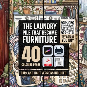 Op de afbeelding: Een digitaal kleurboek getiteld The Laundry Pile That Became Furniture met 40 pagina's in donkere en lichte versies. De illustratie toont een houten kledingkast, wasmanden, een wasmachine en kleding die aan een radiator hangt.