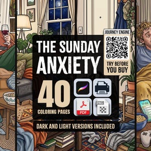 Peut inclure: Un livre de coloriage num&eacute;rique intitul&eacute; The Sunday Anxiety comprenant 40 pages &agrave; colorier en versions sombre et claire. La couverture pr&eacute;sente deux sc&egrave;nes de salon avec des personnes se relaxant, encombr&eacute;es de linge, de collations et d'appareils &eacute;lectroniques.