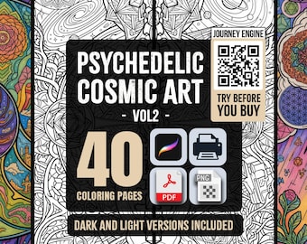 Psychedelic Cosmic Art Coloring Book Vol 2 | Sacred Geometry Adult Coloring Pages | 40 Visionary Scenes | Spiritual Gift |  Instant Download