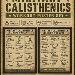 Puede incluir: Un conjunto de dos p&oacute;steres de entrenamiento de calistenia militar de estilo vintage con fondo beige y texto verde oscuro. Cada p&oacute;ster presenta doce ilustraciones numeradas de ejercicios con instrucciones, repeticiones y series para un entrenamiento.