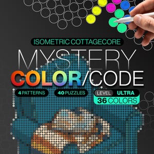 Puede incluir: Un conjunto de rompecabezas digitales de colorear por c&oacute;digo titulado ISOMETRIC COTTAGECORE MYSTERY COLOR/CODE con 4 patrones, 40 rompecabezas y 36 colores. El gr&aacute;fico presenta un fondo oscuro con una cuadr&iacute;cula de c&iacute;rculos parcialmente rellenos de colores brillantes.