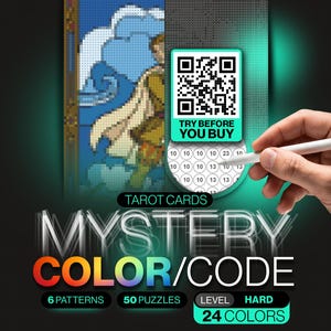 Tarot Pixel Color By Number | Mystery Mosaic Coloring | 50 Tarot Card Puzzles | Printable Witchy Stress Relief | Instant Download image 1