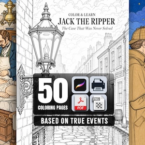May include: A digital coloring book titled Color & Learn Jack The Ripper The Case That Was Never Solved, featuring 50 coloring pages based on true events. The cover displays a Victorian-era scene with a detective, a gas lamp, and a medical examiner.