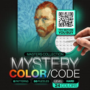 Pixel Color By Number | Mystery Mosaic for Adults | 50 Famous Painting Masterpieces | Printable Stress Relief Coloring | Instant Download