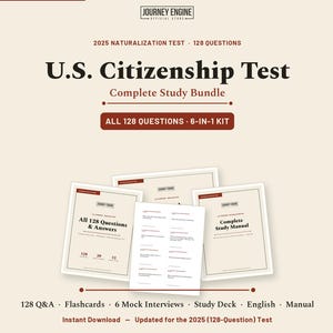 May include: A U.S. Citizenship Test complete study bundle featuring 128 questions and a 6-in-1 kit. The beige and dark red graphic displays the text Journey Engine, 2025 Naturalization Test, All 128 Questions & Answers, and Complete Study Manual.