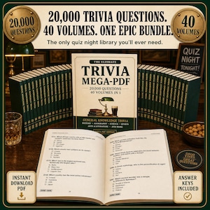 Puede incluir: Un paquete digital con 20.000 preguntas de trivia en 40 vol&uacute;menes. La portada del libro central dice The Ultimate Trivia Mega-PDF, 20.000 Questions, 40 Volumes in 1. Un libro abierto muestra preguntas de opci&oacute;n m&uacute;ltiple en p&aacute;ginas blancas.