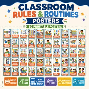 Poster-Set mit 50 Klassenregeln und -routinen, 50 druckbare Poster, Dekoration für den Kindergarten, Verhaltensdiagramm-Set, Sofort-Download als PDF