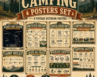 Juego de pósteres para acampar / Lista de nudos y reglas de campamento estilo parque nacional vintage / Decoración de pared para cabañas y caravanas / Descarga instantánea imprimible