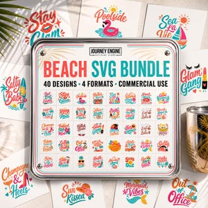 Op de afbeelding: Een vierkant metalen bord met een strand SVG-bundel met 40 kleurrijke grafische ontwerpen met strandthema's en tekst. Het bord bevat de tekst Journey Engine Official Store, Beach SVG Bundle, 40 Designs, 4 Formats, Commercial Use.