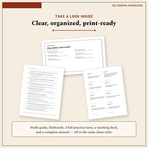 May include: A CDL General Knowledge study guide featuring three white pages with black text. The pages include headers like Take a Look Inside, What holds a load in place, and various numbered questions. The set includes a study guide, flashcards, three practice tests, a teaching deck, and a manual.