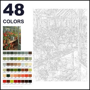 May include: A paint-by-numbers kit featuring a greenhouse scene with potted plants and a watering can. The set includes a numbered outline canvas, a small reference image, and a palette of 48 distinct paint colors labeled with numbers 1 through 48.