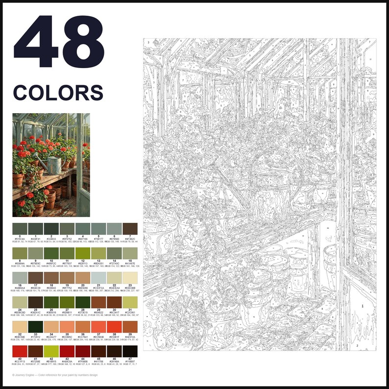 May include: A paint-by-numbers kit featuring a greenhouse scene with potted plants and a watering can. The set includes a numbered outline canvas, a small reference image, and a palette of 48 distinct paint colors labeled with numbers 1 through 48.