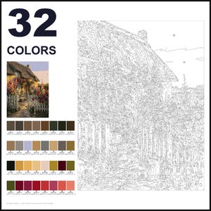 May include: A paint-by-numbers kit featuring 32 colors, a reference image of a thatched cottage with a garden, and a large numbered outline canvas. The palette includes various shades of brown, green, beige, red, and pink, with hex codes listed.
