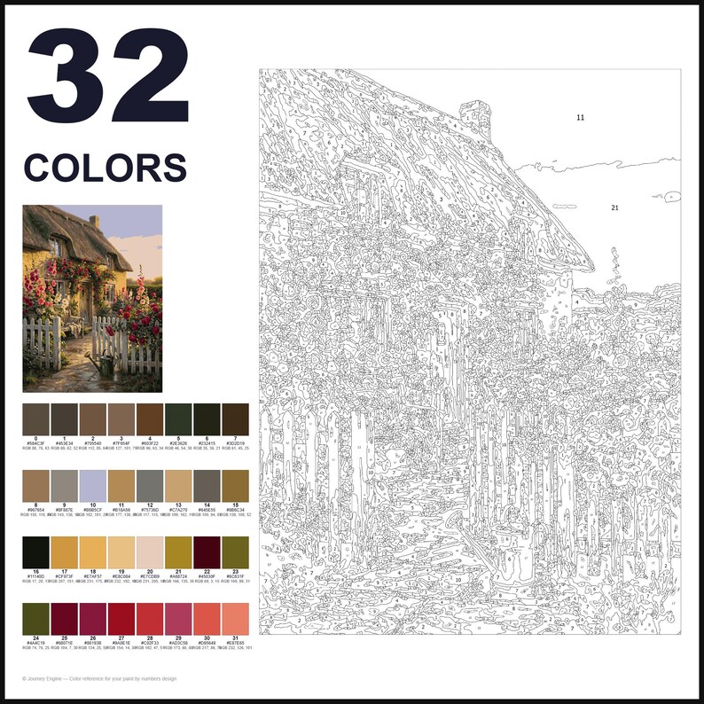 May include: A paint-by-numbers kit featuring 32 colors, a reference image of a thatched cottage with a garden, and a large numbered outline canvas. The palette includes various shades of brown, green, beige, red, and pink, with hex codes listed.