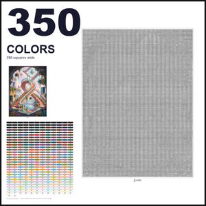 May include: A paint-by-numbers pattern featuring 350 colors and a 350 squares wide grid. The design displays a colorful spiral staircase within an archway, accompanied by a comprehensive color reference chart and a large, blank gray grid.