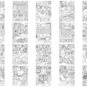 May include: A collection of twenty black and white line art illustrations depicting various indoor scenes, including organised closets, kitchen counters, living rooms, bedrooms, and workspaces, featuring detailed furniture, household items, and personal belongings.