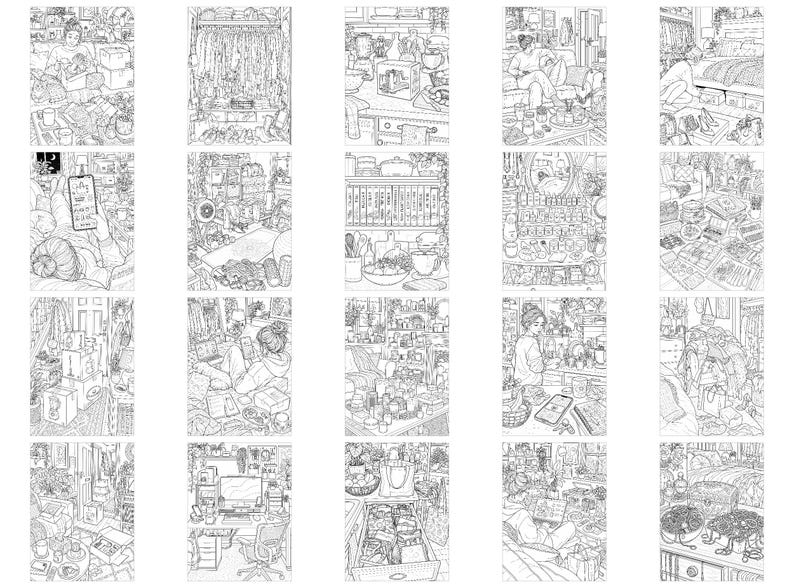 May include: A collection of twenty black and white line art illustrations depicting various indoor scenes, including organised closets, kitchen counters, living rooms, bedrooms, and workspaces, featuring detailed furniture, household items, and personal belongings.