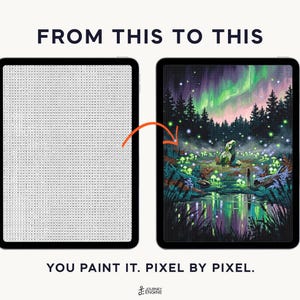 May include: Two tablets displaying a digital paint-by-number process. The left screen shows a grid of letters, while the right screen displays a finished illustration of a forest with glowing mushrooms, a stone, and aurora borealis. Text reads FROM THIS TO THIS and YOU PAINT IT. PIXEL BY PIXEL.