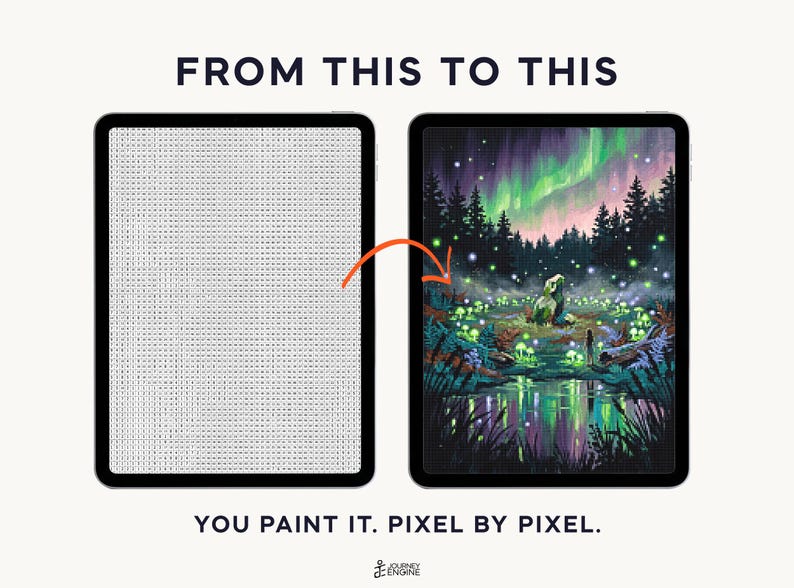 May include: Two tablets displaying a digital paint-by-number process. The left screen shows a grid of letters, while the right screen displays a finished illustration of a forest with glowing mushrooms, a stone, and aurora borealis. Text reads FROM THIS TO THIS and YOU PAINT IT. PIXEL BY PIXEL.