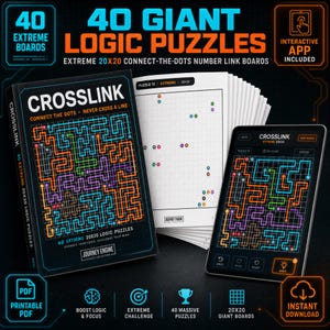 Giant Logic Puzzles for Adults Printable | Connect the Dots Number Link | 40 Extreme 20x20 Boards | Hard Brain Game | Instant Download