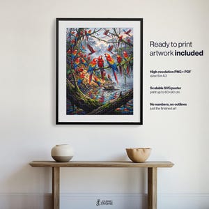 May include: A framed wall art print featuring a vibrant jungle scene with numerous colorful macaws perched on branches above a reflective river. The text reads: Ready to print artwork included, High-resolution PNG + PDF sized for A3, Scalable SVG poster print up to 60x90 cm, No numbers, no outlines, just the finished art.