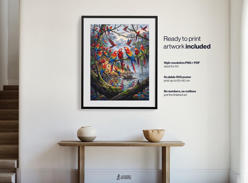 May include: A framed wall art print featuring a vibrant jungle scene with numerous colorful macaws perched on branches above a reflective river. The text reads: Ready to print artwork included, High-resolution PNG + PDF sized for A3, Scalable SVG poster print up to 60x90 cm, No numbers, no outlines, just the finished art.
