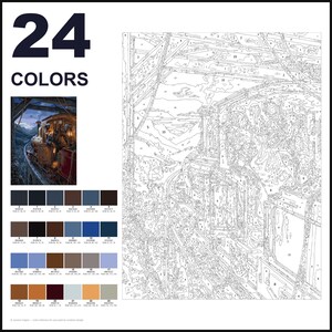May include: A paint-by-numbers kit featuring a train traveling through a mountain landscape. The set includes a numbered outline canvas, a small reference image of the finished scene, and a palette of 24 distinct color swatches with RGB codes.