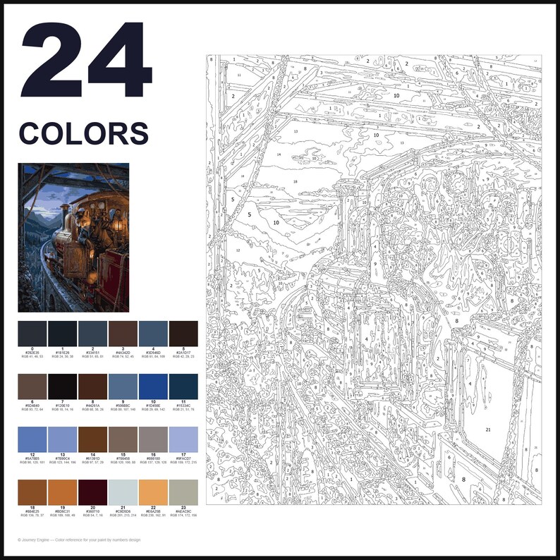 May include: A paint-by-numbers kit featuring a train traveling through a mountain landscape. The set includes a numbered outline canvas, a small reference image of the finished scene, and a palette of 24 distinct color swatches with RGB codes.