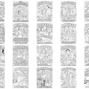 May include: A collection of twenty black and white line art illustrations for a coloring book. Each panel features a distinct scene with a bold title such as Going Viral, The Comment Section, Passwords, The Update, Doomscrolling, The Gym, Meal Prep, Self Care, Anxiety, Therapy, Sleep, Wellness, Dieting, Hangover, The Waiting Room, Small Talk, The Commute, Grocery Shopping, The To-Do List, and Car Parking.